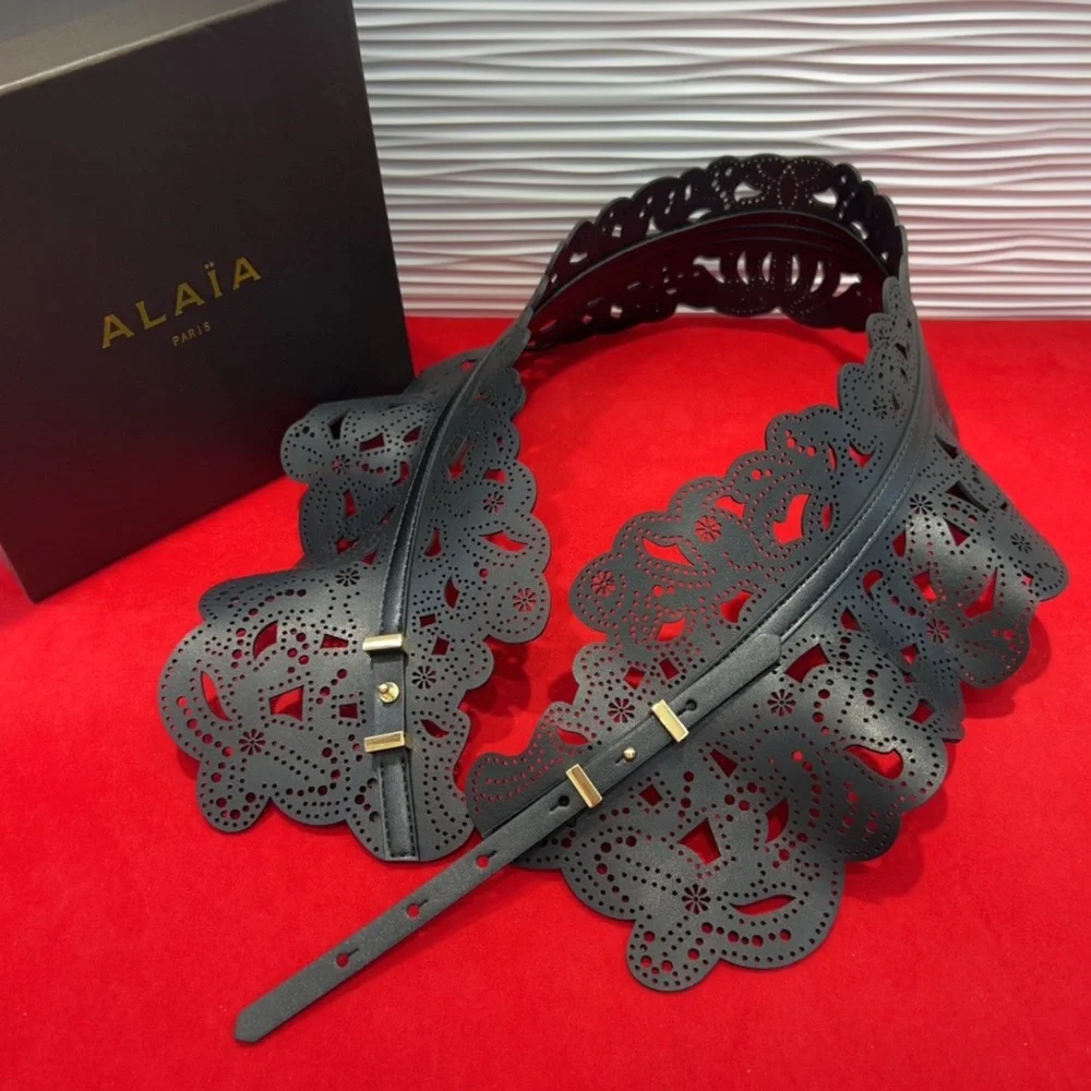 Alaïa Black Laser-Cut Floral Waist Belt with Gold Accents